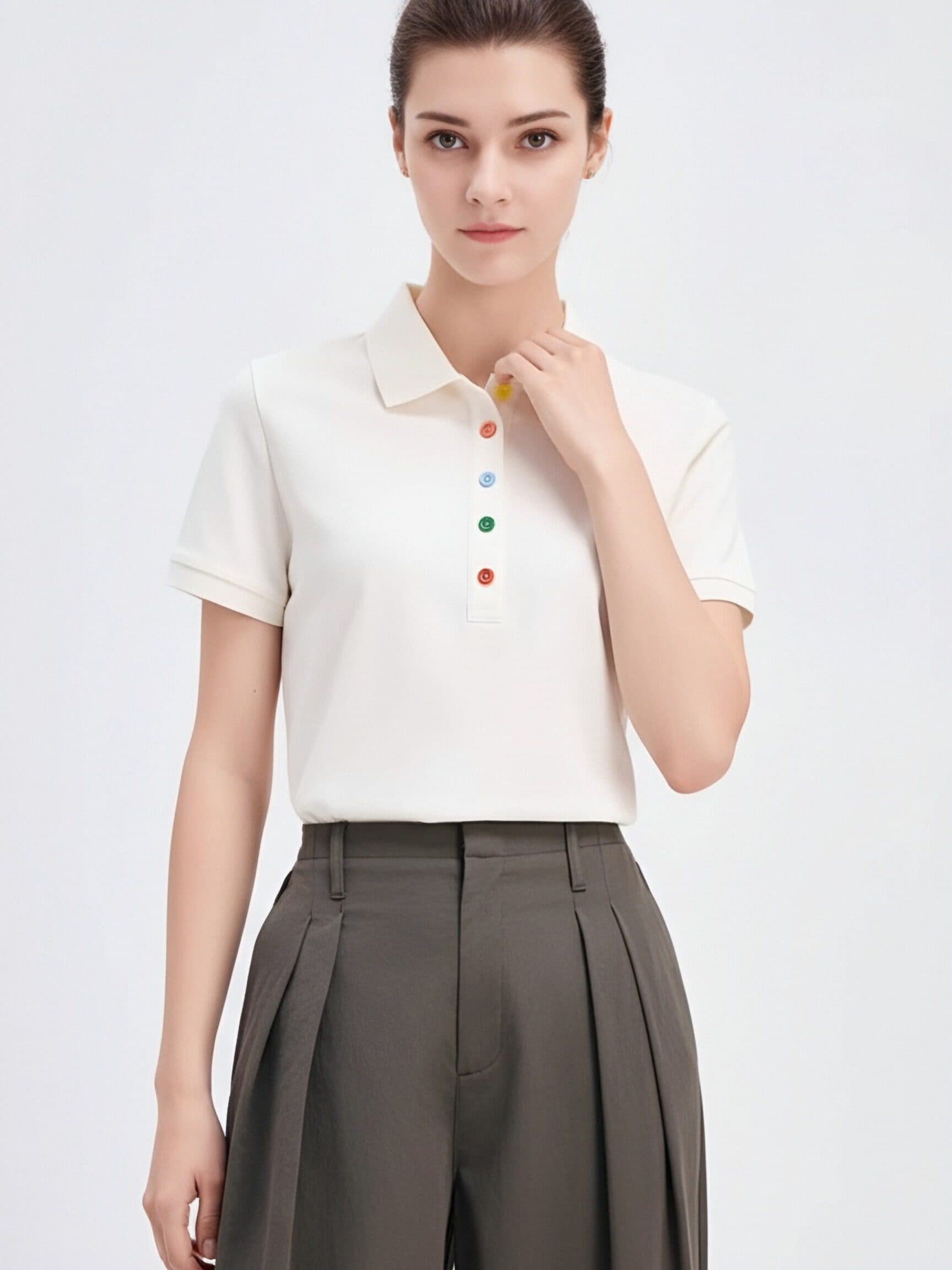 화이트 반팔 POLO 셔츠 여성 여름 새로운 색상 단추 폴로 칼라 비즈니스 캐주얼 다용도 POLO 칼라 맨위 상세 이미지 8