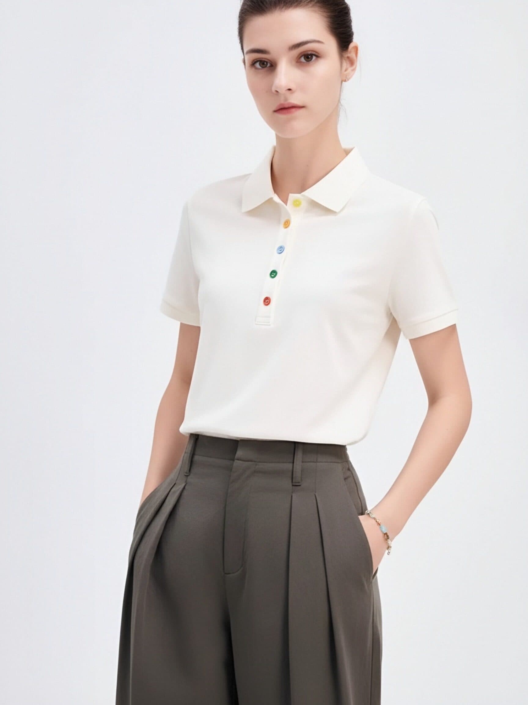 화이트 반팔 POLO 셔츠 여성 여름 새로운 색상 단추 폴로 칼라 비즈니스 캐주얼 다용도 POLO 칼라 맨위 상세 이미지 9