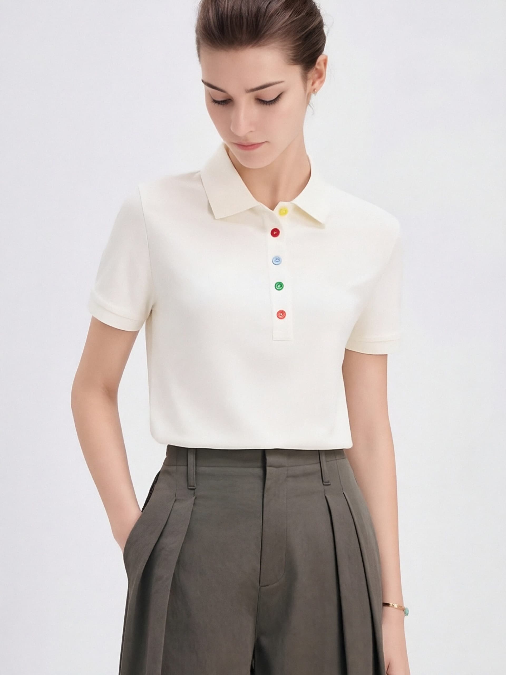 화이트 반팔 POLO 셔츠 여성 여름 새로운 색상 단추 폴로 칼라 비즈니스 캐주얼 다용도 POLO 칼라 맨위 상세 이미지 10