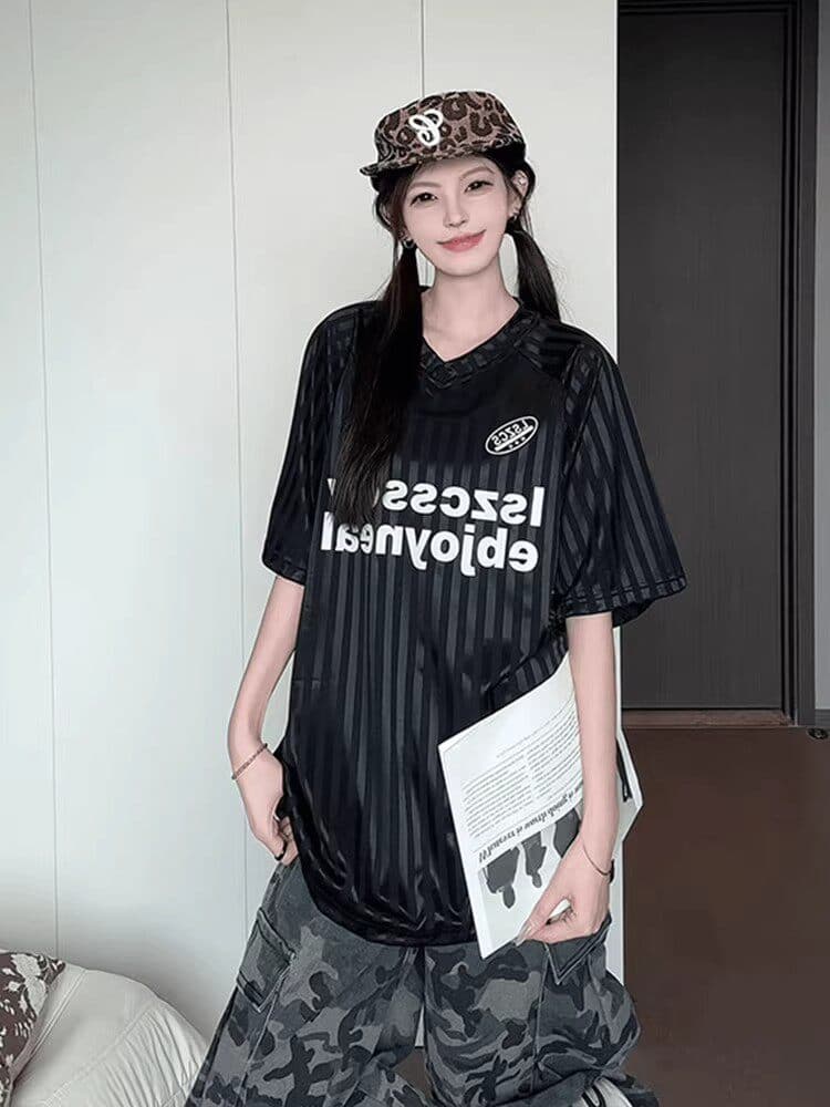 원본 자카드 원단 원본 솜씨 아메리칸 스트라이프 알파벳 프린트 저지 V넥 티셔츠 맨위 남녀 커플 여름