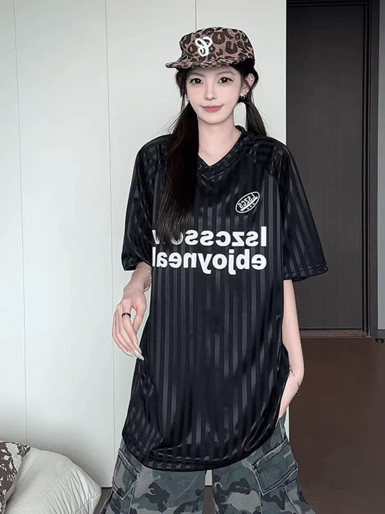 원본 자카드 원단 원본 솜씨 아메리칸 스트라이프 알파벳 프린트 저지 V넥 티셔츠 맨위 남녀 커플 여름 이미지 4