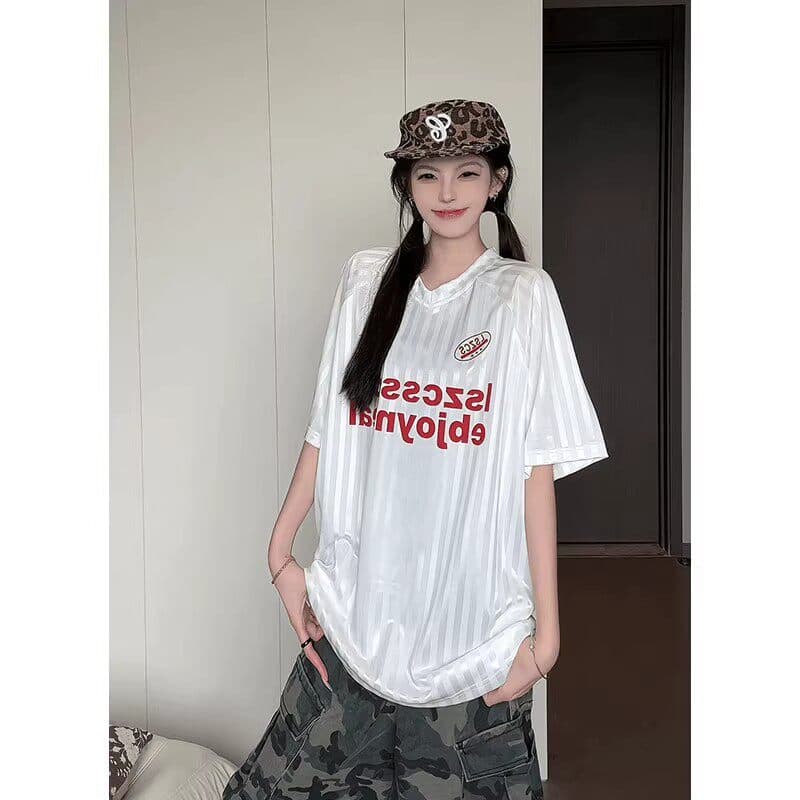원본 자카드 원단 원본 솜씨 아메리칸 스트라이프 알파벳 프린트 저지 V넥 티셔츠 맨위 남녀 커플 여름 상세 이미지 9