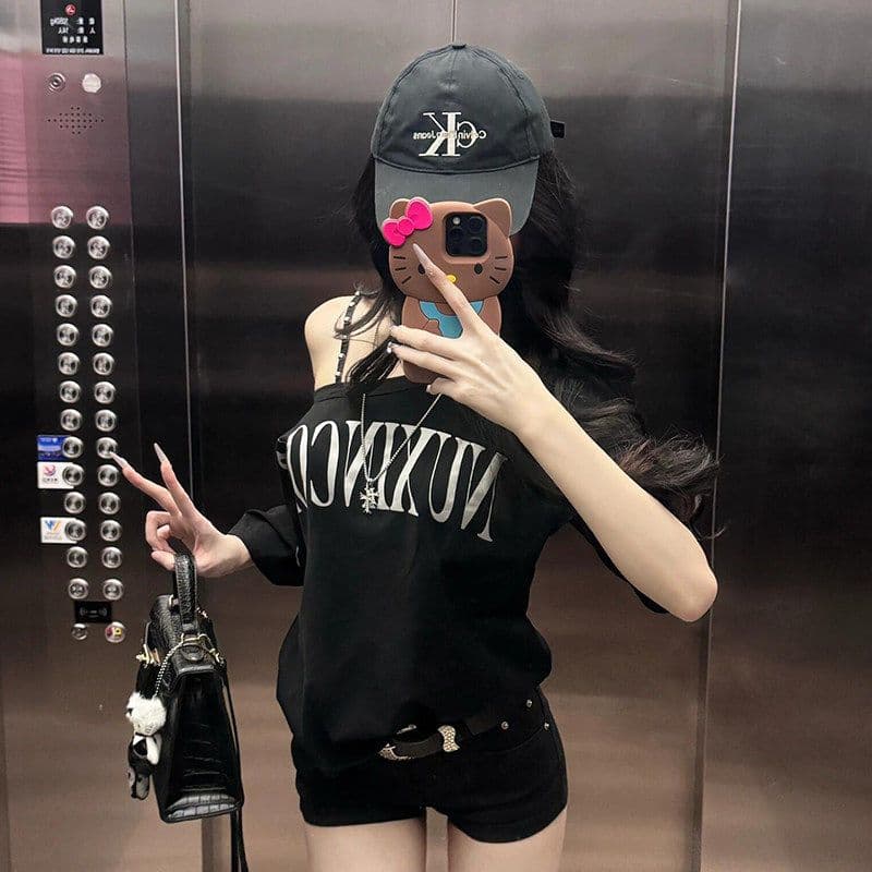 220 그램 92 면 8 암모니아 Lun 아메리칸 핫걸 비스듬한 어깨 알파벳 프린트 반팔 티셔츠 여성 이미지 2