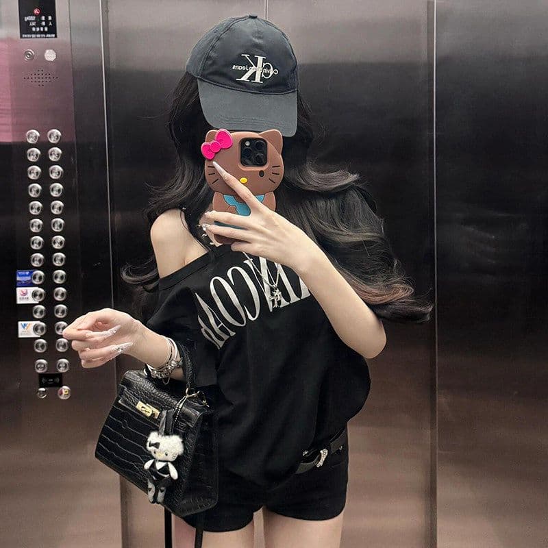 220 그램 92 면 8 암모니아 Lun 아메리칸 핫걸 비스듬한 어깨 알파벳 프린트 반팔 티셔츠 여성 상세 이미지 5