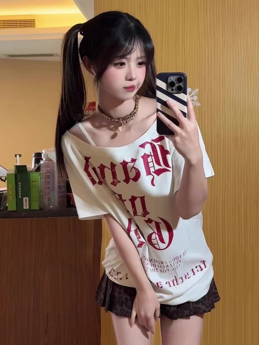 220 그램 92 면 8 암모니아 Lun 아메리칸 핫걸 비스듬한 어깨 알파벳 프린트 반팔 티셔츠 여성 이미지 4