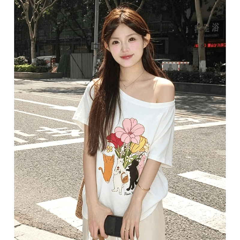 220 그램 92 면 8 암모니아 Lun 아메리칸 핫걸 비스듬한 어깨 알파벳 프린트 반팔 티셔츠 여성 이미지 2