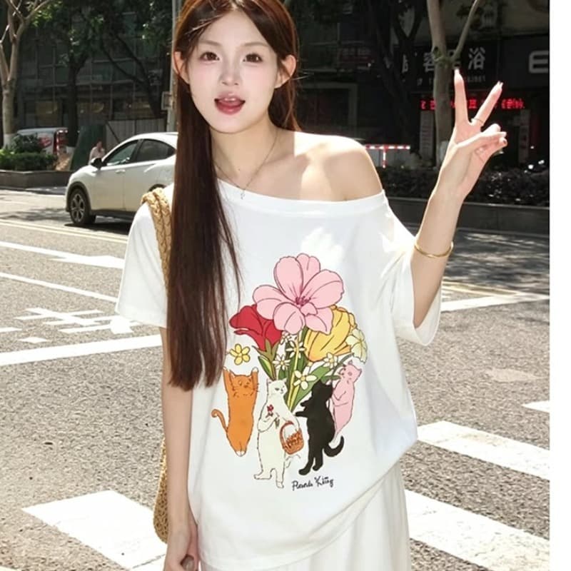 220 그램 92 면 8 암모니아 Lun 아메리칸 핫걸 비스듬한 어깨 알파벳 프린트 반팔 티셔츠 여성