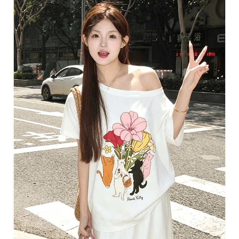220 그램 92 면 8 암모니아 Lun 아메리칸 핫걸 비스듬한 어깨 알파벳 프린트 반팔 티셔츠 여성 상세 이미지 3