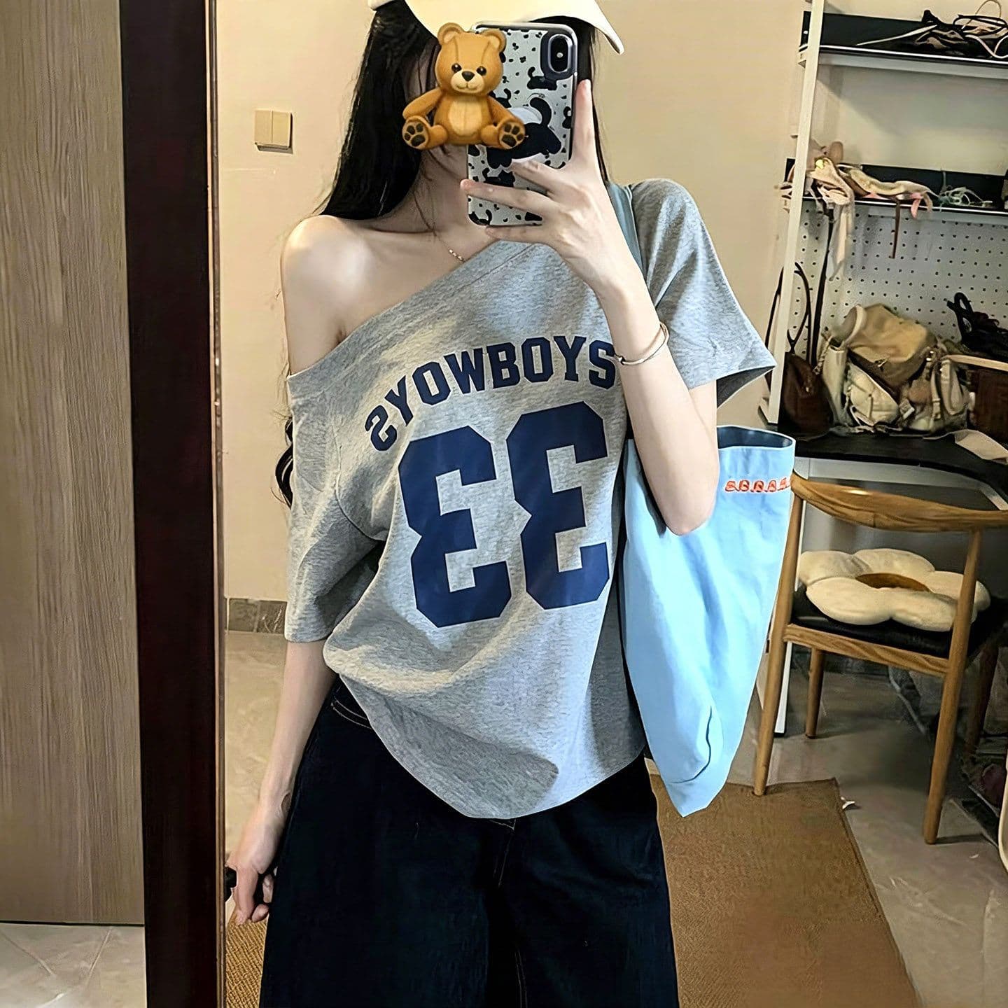 220 그램 92 면 8 암모니아 Lun 아메리칸 핫걸 비스듬한 어깨 알파벳 프린트 반팔 티셔츠 여성 상세 이미지 2