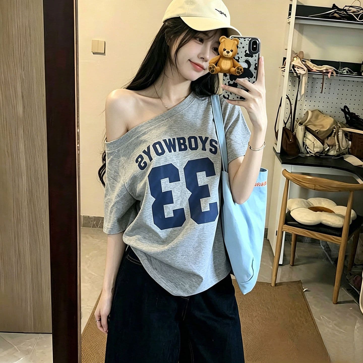 220 그램 92 면 8 암모니아 Lun 아메리칸 핫걸 비스듬한 어깨 알파벳 프린트 반팔 티셔츠 여성 상세 이미지 3