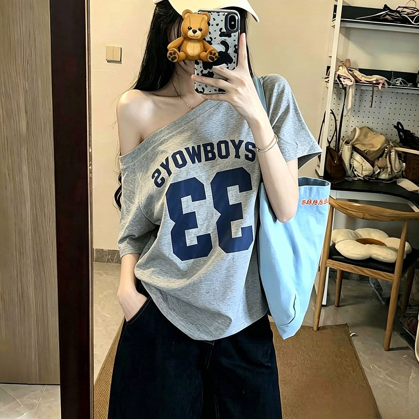 220 그램 92 면 8 암모니아 Lun 아메리칸 핫걸 비스듬한 어깨 알파벳 프린트 반팔 티셔츠 여성 상세 이미지 4