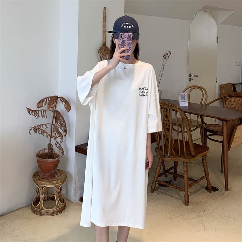 2026 여름 새로운 순면 반팔 롱 스커트 루즈핏 캐주얼 무릎 아래 티셔츠 치마 중간 길이 여성 드레스 상세 이미지 44