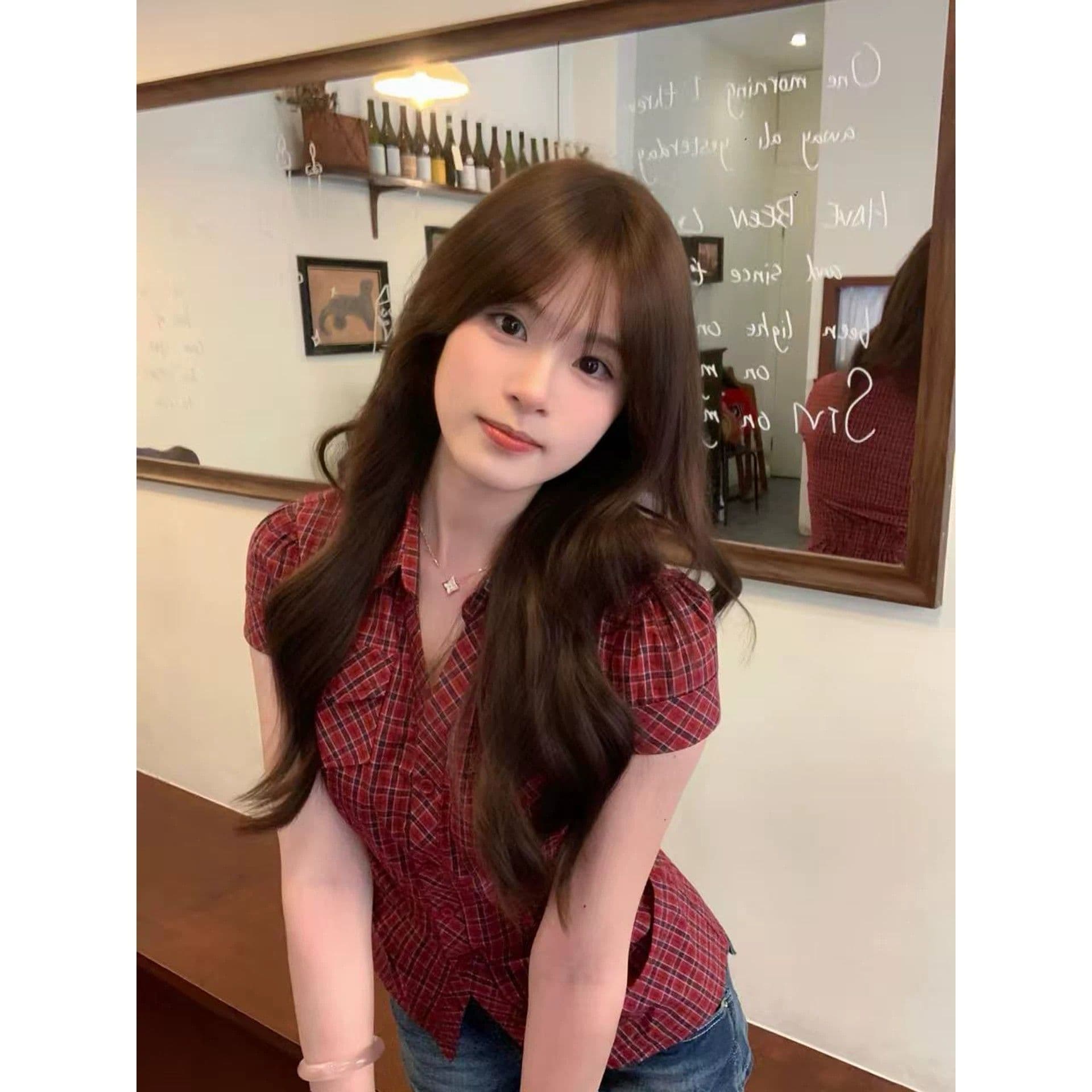 2026 아메리칸 레트로 긍정적 인 어깨 한 부서 빨간색 셔츠 반팔 여름 몸매 가꾸기 슬림해 보이는 셔츠 맨위 이미지 4