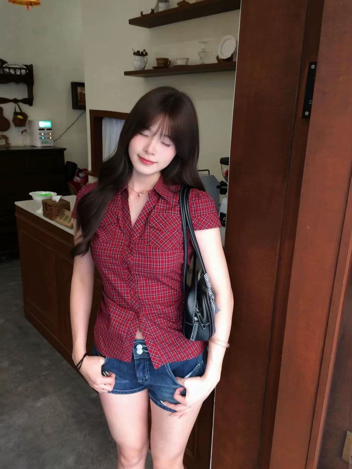 2026 아메리칸 레트로 긍정적 인 어깨 한 부서 빨간색 셔츠 반팔 여름 몸매 가꾸기 슬림해 보이는 셔츠 맨위 상세 이미지 5