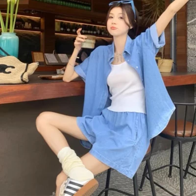 여름 새로운 모방 데님 세트 여성용 짧은 소매 셔츠 반바지 투피스 세트 빅 사이즈 마이크로 지방 착용 가져 가라. 캐주얼 세트 트렌디 이미지 3