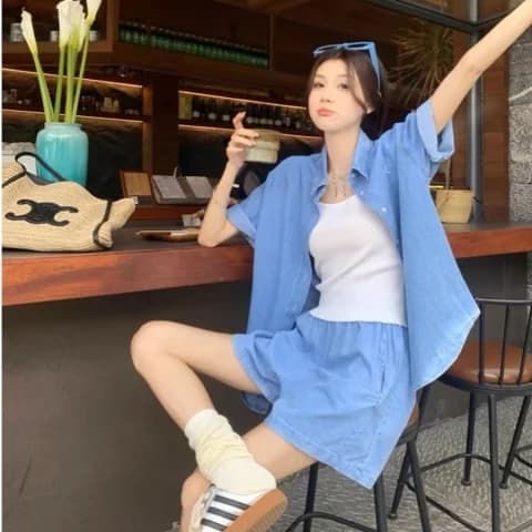 여름 새로운 모방 데님 세트 여성용 짧은 소매 셔츠 반바지 투피스 세트 빅 사이즈 마이크로 지방 착용 가져 가라. 캐주얼 세트 트렌디 상세 이미지 4