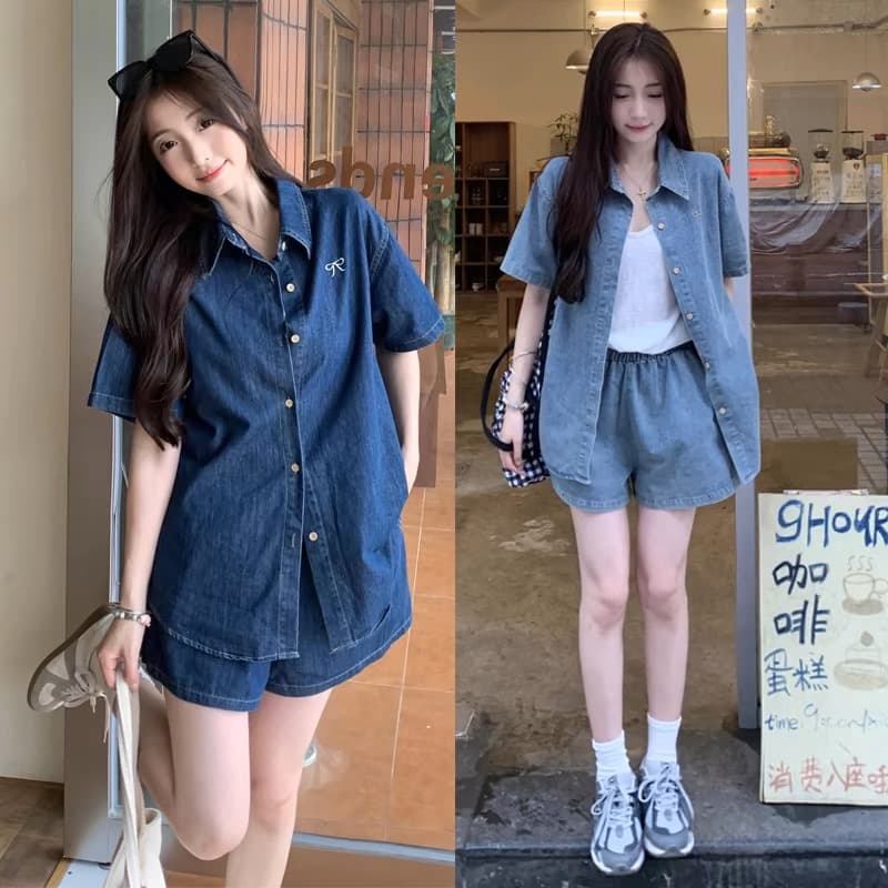 여름 새로운 모방 데님 세트 여성용 짧은 소매 셔츠 반바지 투피스 세트 빅 사이즈 마이크로 지방 착용 가져 가라. 캐주얼 세트 트렌디 상세 이미지 8