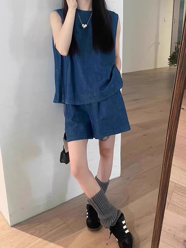 한 부서 모방 데님 세트 여성 여름 새로운 캐주얼 느긋한 바람 운동 민소매 조끼 반바지 투피스 세트 슬림해 보이는 상세 이미지 5