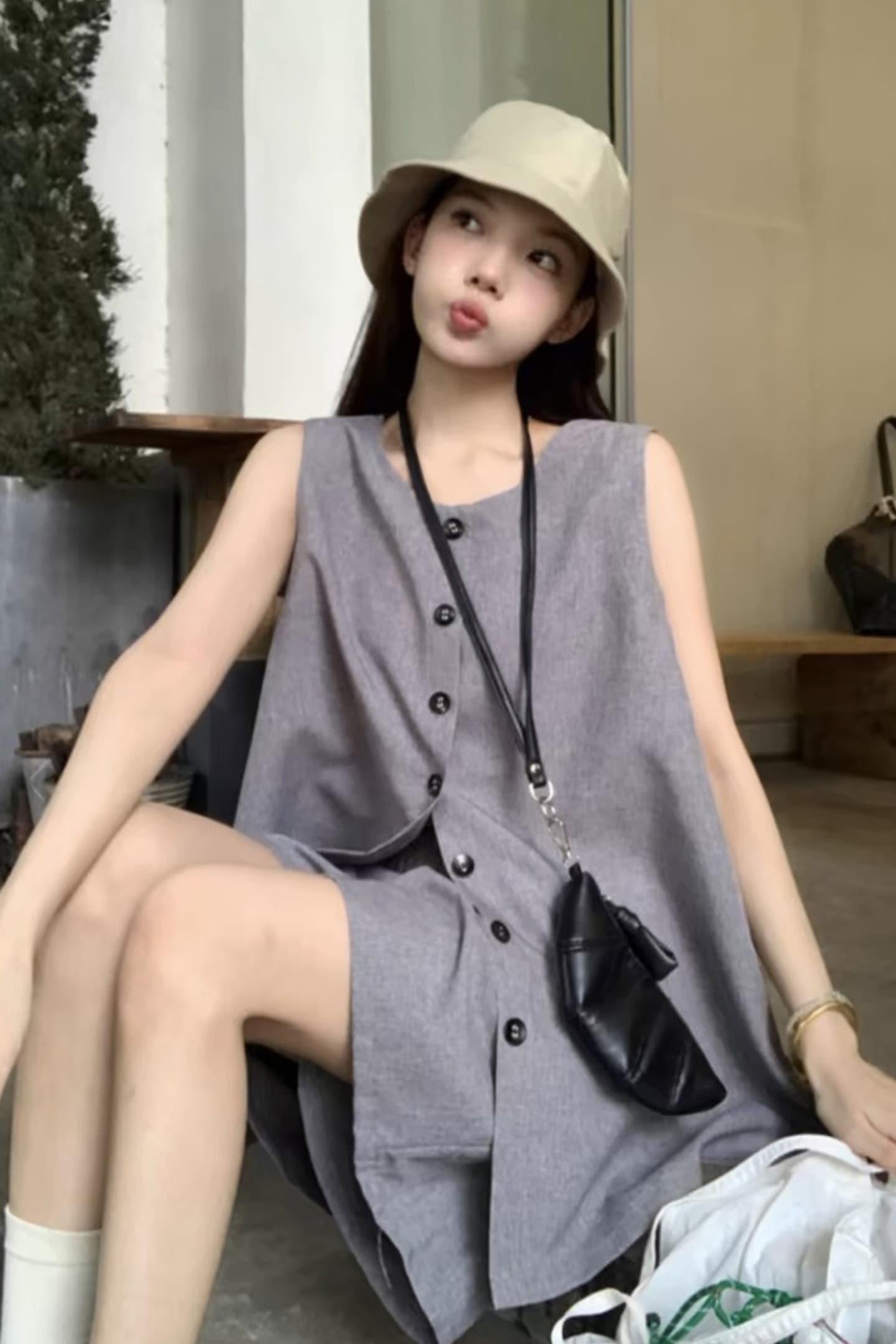 캐주얼 느긋한 바람 민소매 베스트 세트 여성 여름 새로운 익스트림 제인 단추 조끼 반바지 투피스 세트 느슨함 센스 상세 이미지 18