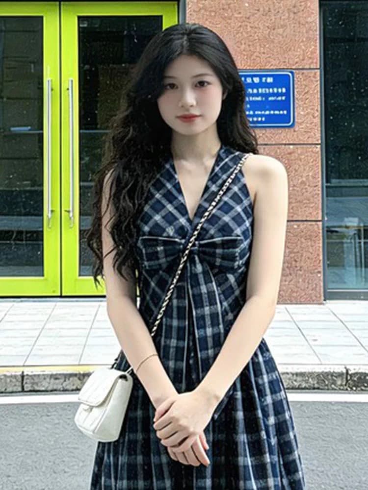 프랑스식 레트로 체크무늬 행침 목 여성 드레스 여름 새로운 디자인 센스 작은 대중 V넥 나비 매듭 허리 수축 롱 스커트 상세 이미지 3