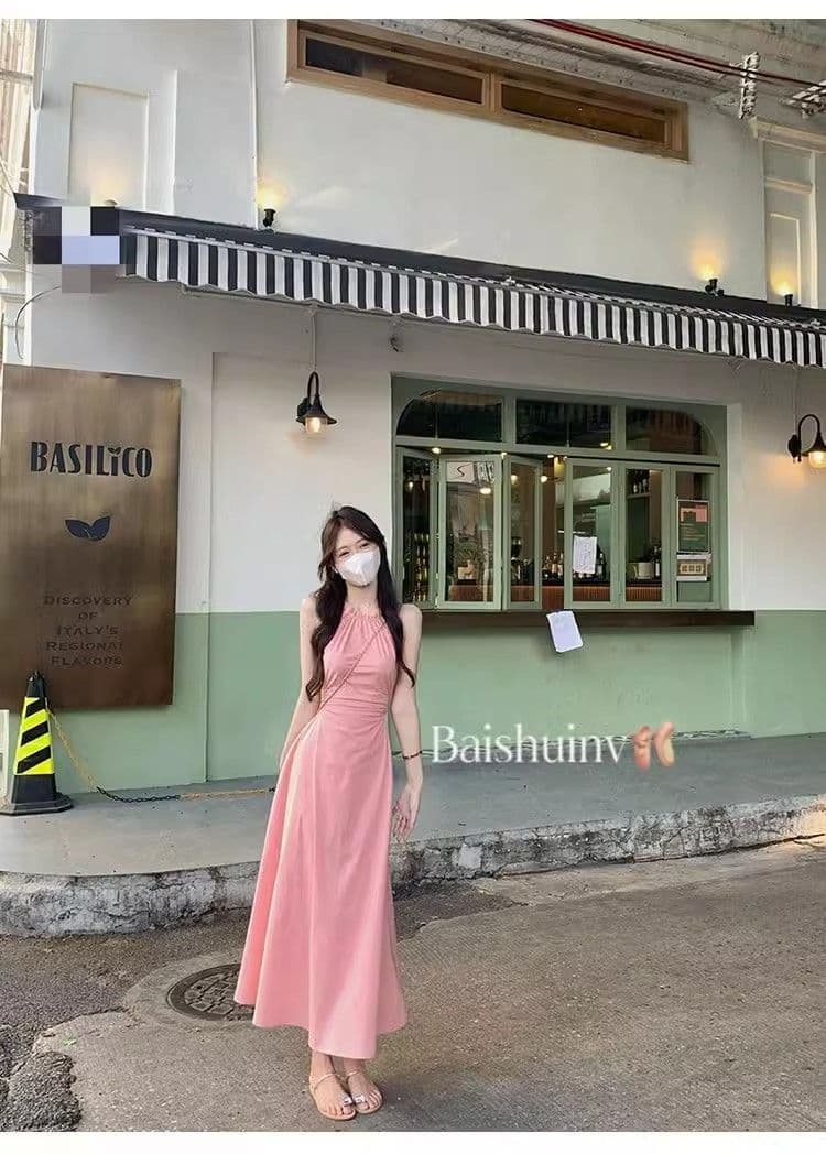 해변가 휴가 바람 새로운 여성 드레스 행침 목 이슬 허리 부드러운 바람 품격 길다 치마 도파민 치마 가정 서비스 상세 이미지 4