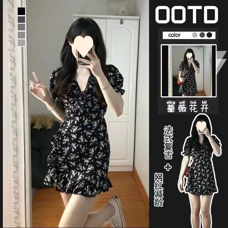프랑스식 검정색 꽃무늬 여성 드레스 달콤한 욕망 바람 치마 거품 소매 허리 수축 디자인 센스 작은 대중 슬림해 보이는 상세 이미지 3