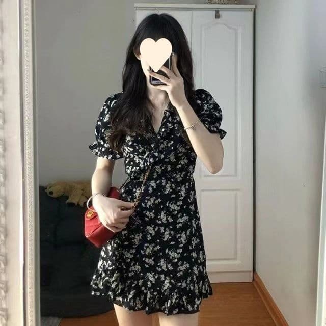 프랑스식 검정색 꽃무늬 여성 드레스 달콤한 욕망 바람 치마 거품 소매 허리 수축 디자인 센스 작은 대중 슬림해 보이는 상세 이미지 4