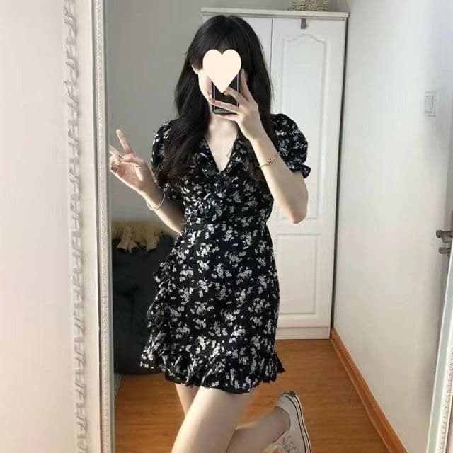 프랑스식 검정색 꽃무늬 여성 드레스 달콤한 욕망 바람 치마 거품 소매 허리 수축 디자인 센스 작은 대중 슬림해 보이는 상세 이미지 6