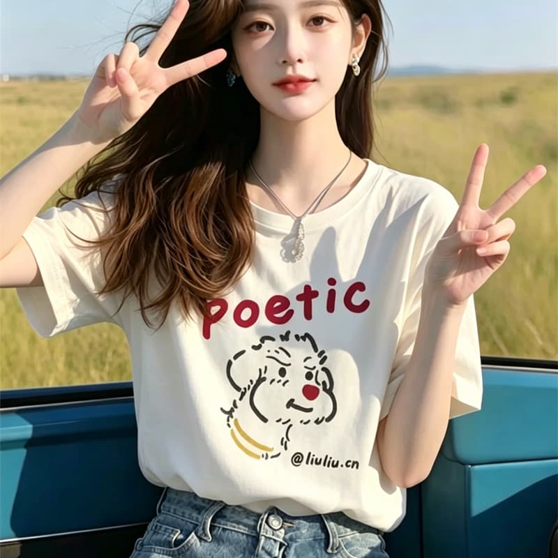 경관 그림 21 순면 210 그램 여름 드레스 한 부서 반팔 티셔츠 여성 한국 스타일 루즈핏 빅 사이즈 프린트 이미지 5