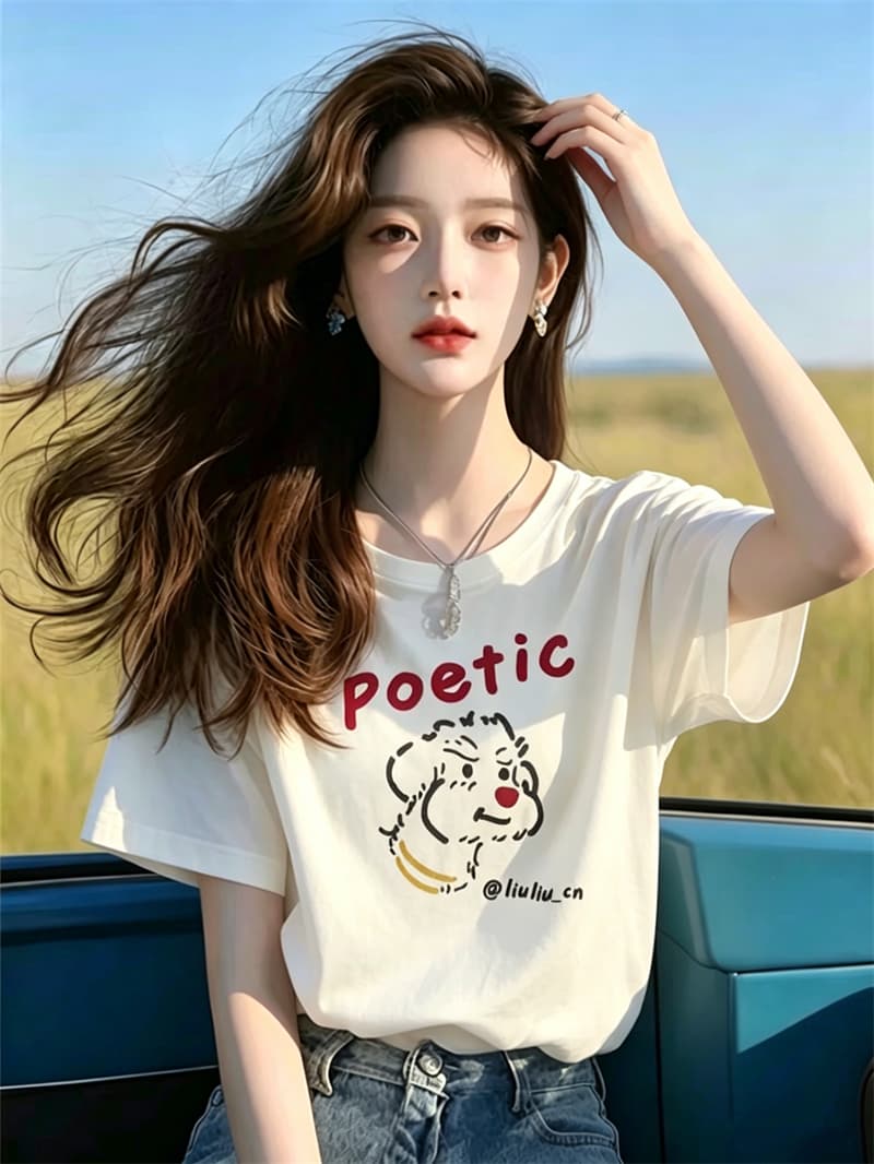 경관 그림 21 순면 210 그램 여름 드레스 한 부서 반팔 티셔츠 여성 한국 스타일 루즈핏 빅 사이즈 프린트 상세 이미지 6