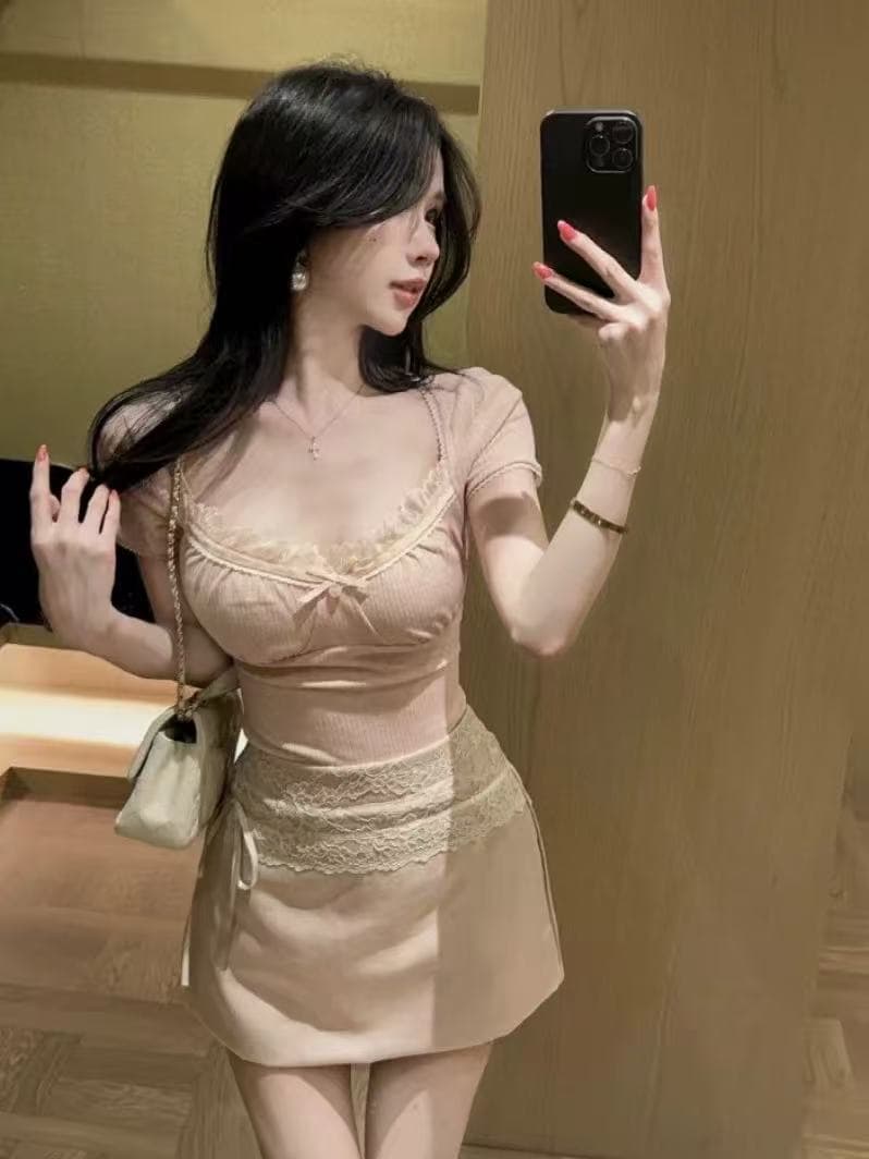 핑크색 나비 매듭 레이스 측면 광장 칼라 반팔 티셔츠 여성 여름 순수한 욕망 달콤한 핫걸 작은 맨위 자이언트 잘 생긴 아름다운 상세 이미지 4