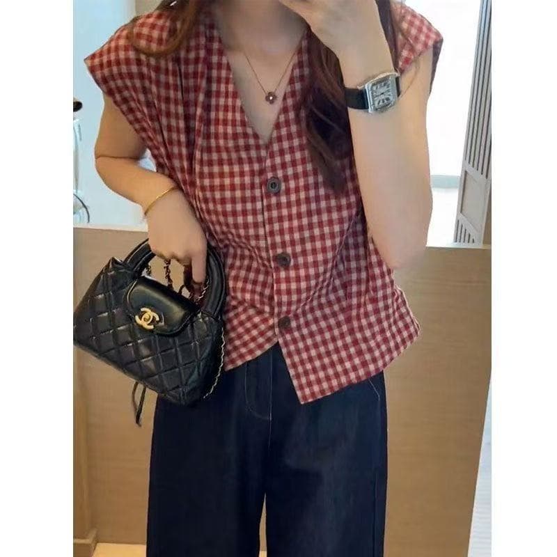 레트로 체크무늬 V넥 민소매 셔츠 새로운 여성 2026 여름 루즈핏 패치워크 색상 셔츠 품격 작은 날다 소매 맨위