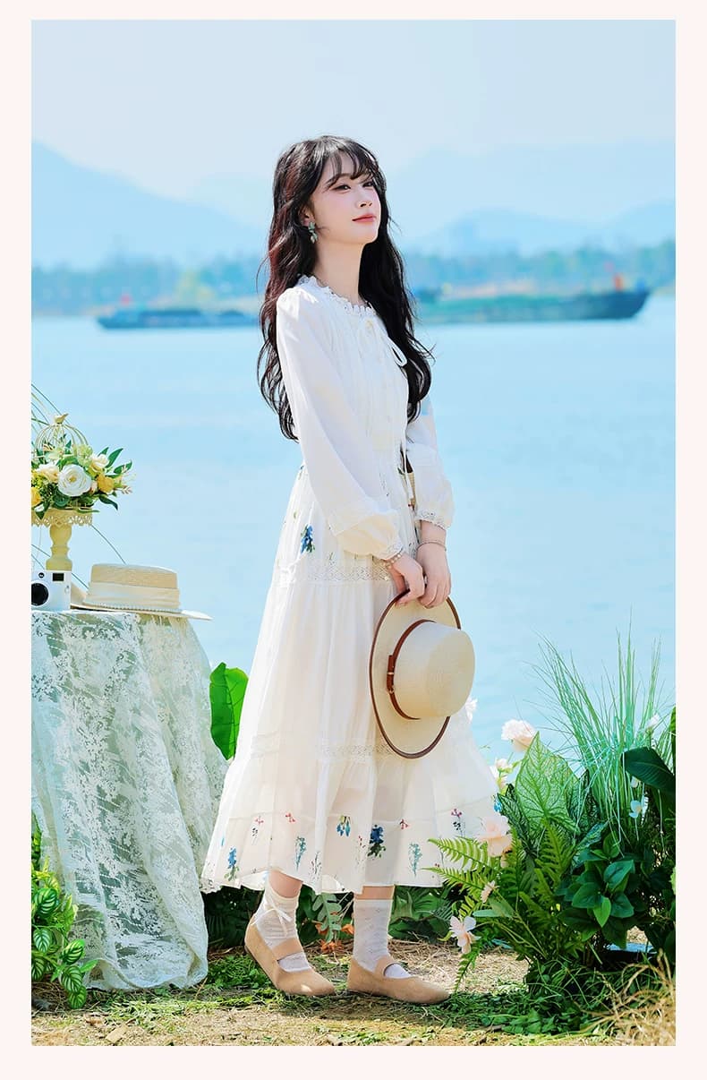문예 바람 센 부서 작은 대중 프린트 꾸밈음 디자인 센스 레이스 레이스업 화이트 드레스 2026 봄 A라인 스커트 상세 이미지 9