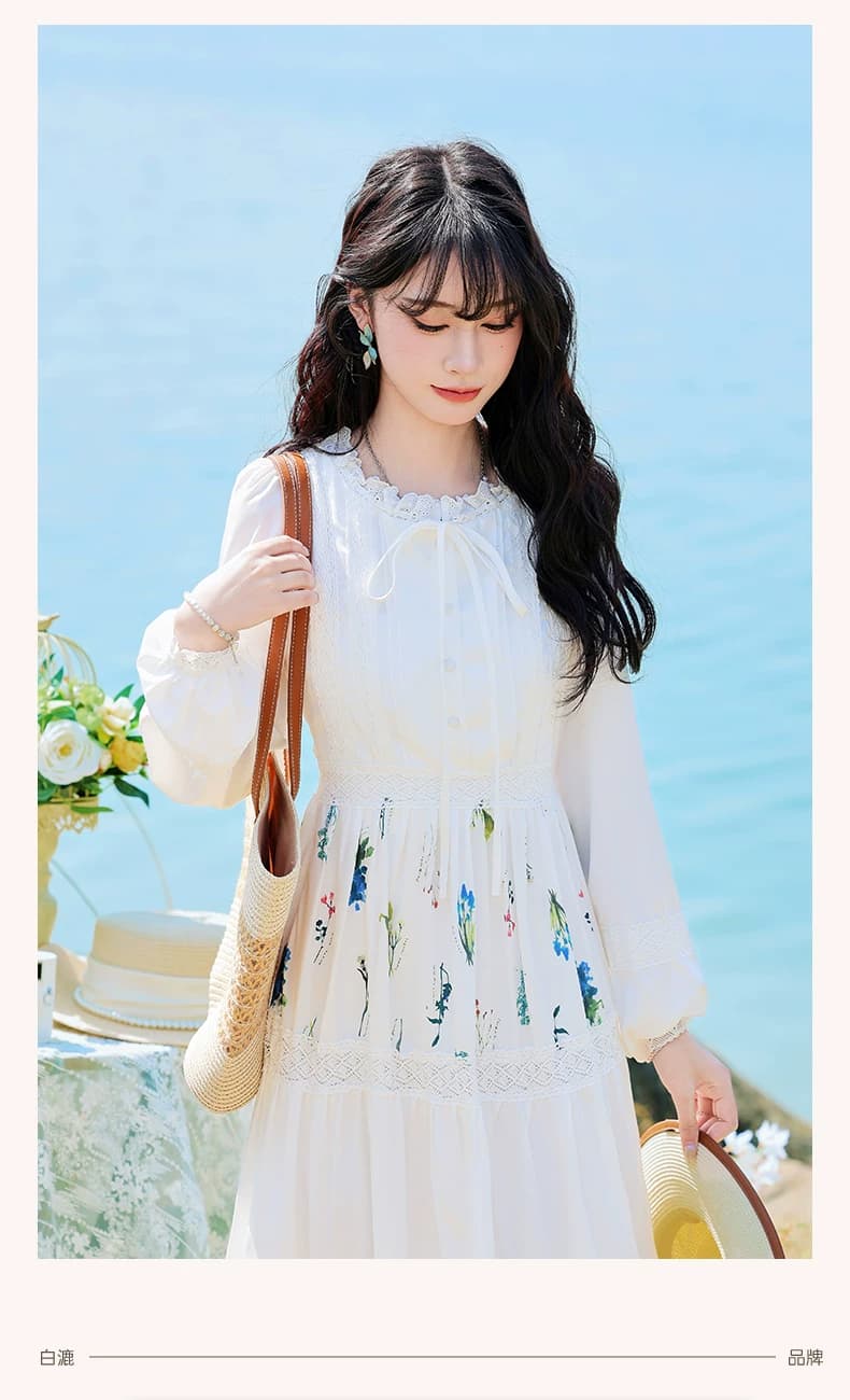 문예 바람 센 부서 작은 대중 프린트 꾸밈음 디자인 센스 레이스 레이스업 화이트 드레스 2026 봄 A라인 스커트 상세 이미지 14