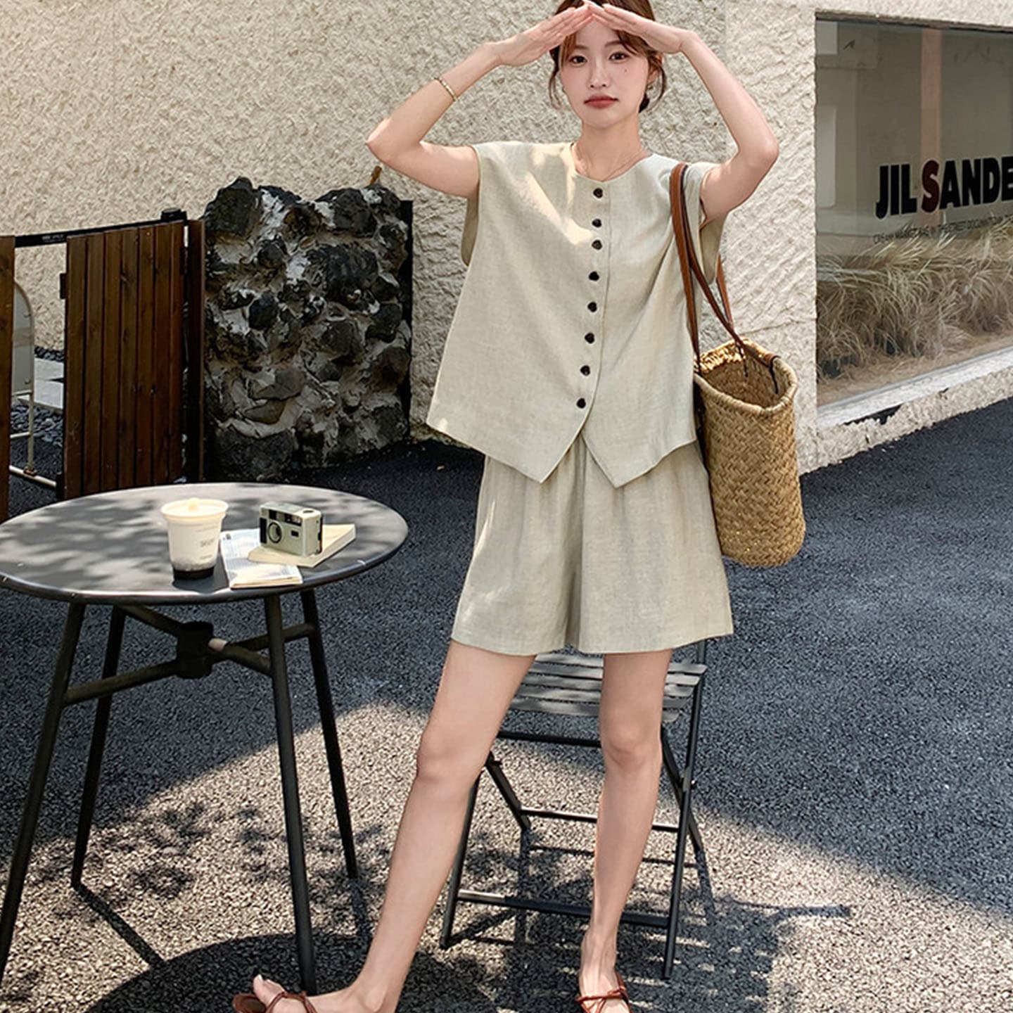오래된 돈 바람 민소매 베스트 반바지 세트 여성 여름 새로운 작은 키 한국 스타일 루즈핏 캐주얼 운동 투피스 세트 이미지 4