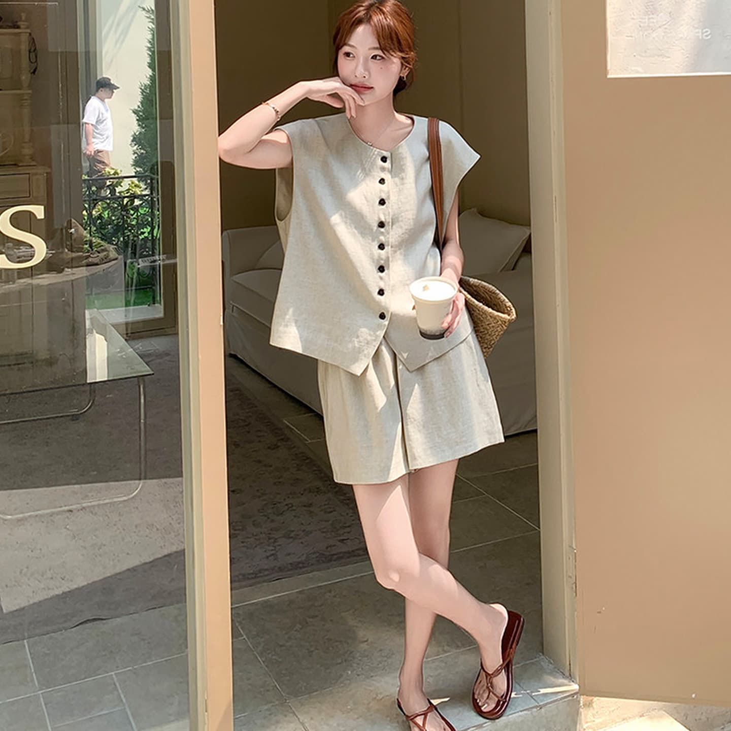 오래된 돈 바람 민소매 베스트 반바지 세트 여성 여름 새로운 작은 키 한국 스타일 루즈핏 캐주얼 운동 투피스 세트 이미지 3