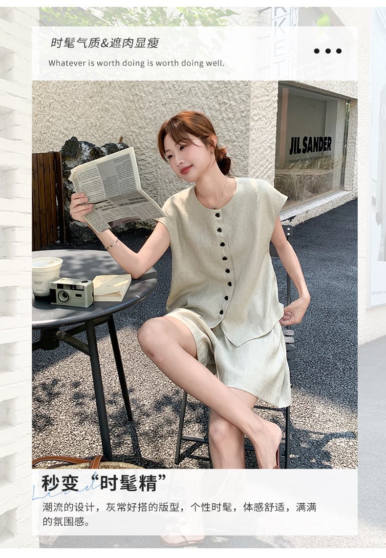 오래된 돈 바람 민소매 베스트 반바지 세트 여성 여름 새로운 작은 키 한국 스타일 루즈핏 캐주얼 운동 투피스 세트 상세 이미지 4