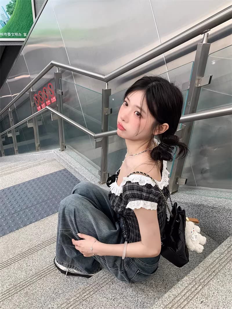 프랑스식 광장 칼라 체크무늬 레이스 반팔 여성 여름 2026 새로운 허리 수축 슬림해 보이는 디자인 센스 품격 핫걸 맨위 상세 이미지 6