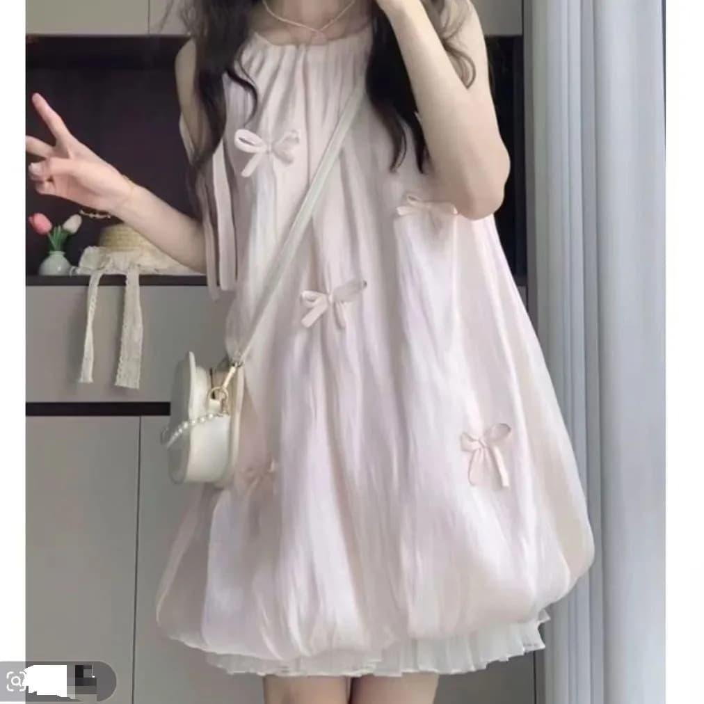 달콤함 부드러운 귀여운 핑크색 나비 매듭 꽃밭 드레스 여자 학생 여름 새로운 루즈핏 슬림해 보이는 미니 스커트