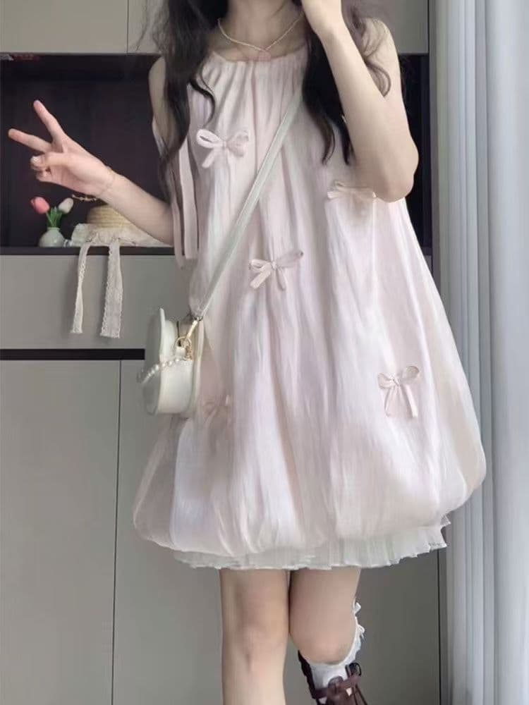 달콤함 부드러운 귀여운 핑크색 나비 매듭 꽃밭 드레스 여자 학생 여름 새로운 루즈핏 슬림해 보이는 미니 스커트 상세 이미지 9
