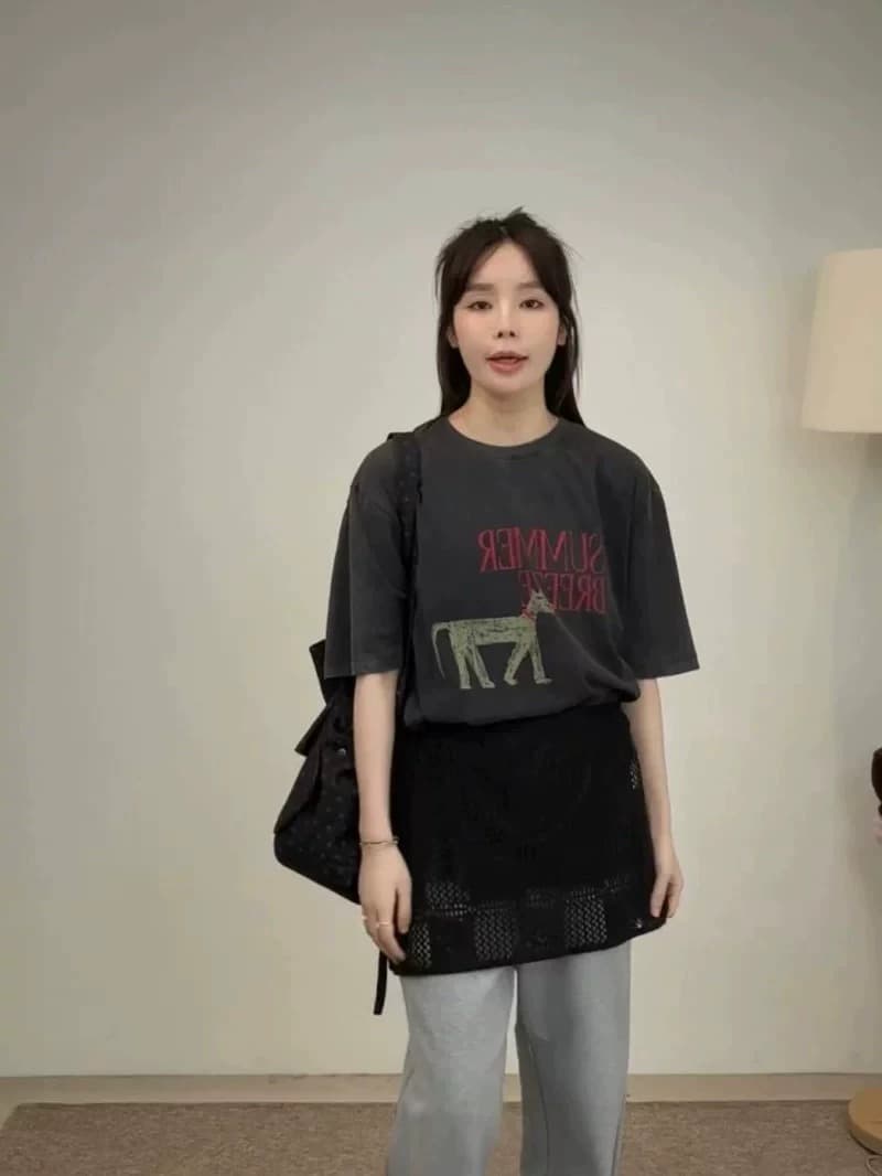 경관 그림 정가 230 크 워싱 마 오래된 순면 반팔 티셔츠 여성 루즈핏 대 에디션 이미지 2