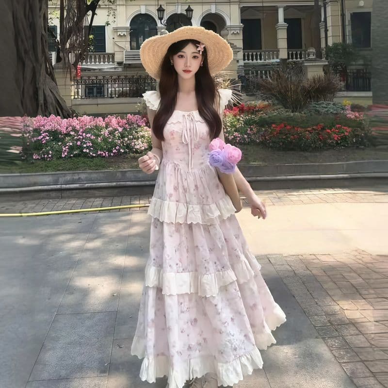 작은 날다 소매 꽃무늬 슬립 여성 드레스 여름 새로운 프랑스식 달콤함 품격 허리 수축 슬림해 보이는 퍼프 케이크 드레스 이미지 4