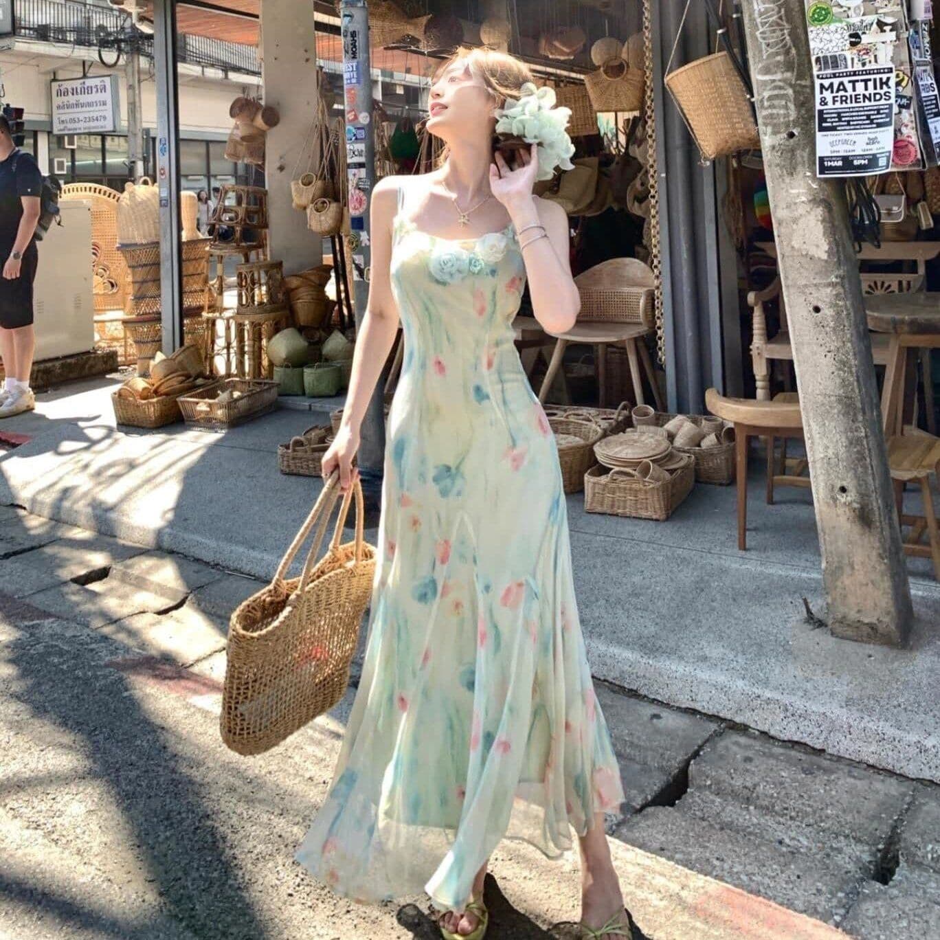 여행 휴가 바람 망사 꽃 슬립 여성 드레스 요정 품격 롱 코트 인어 꼬리 치마 봄 여름 새로운 이미지 2