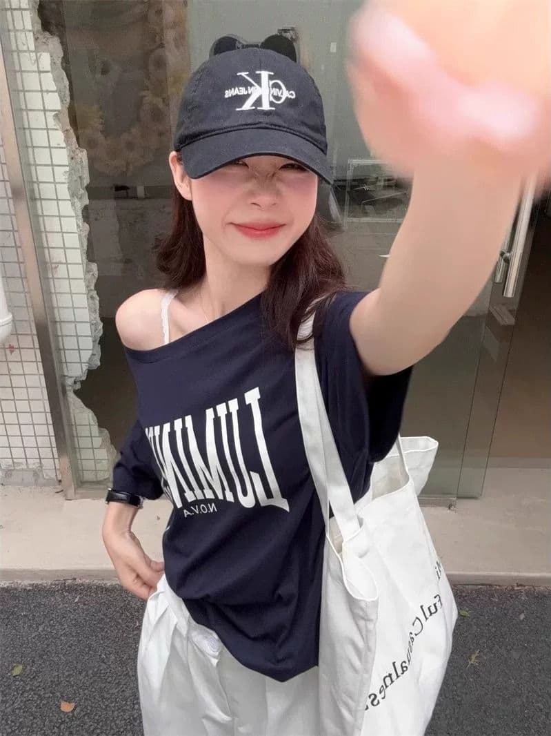 220 그램 92 면 8 암모니아 Lun 아메리칸 핫걸 비스듬한 어깨 알파벳 프린트 반팔 티셔츠 여성 이미지 2