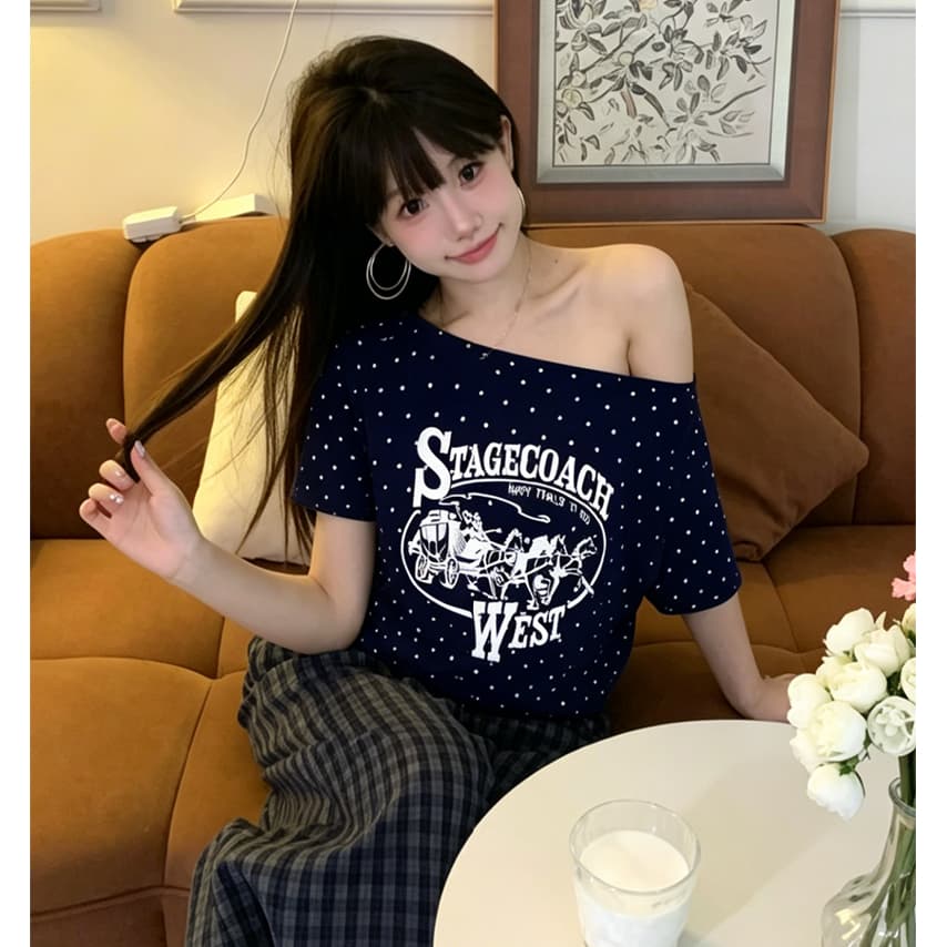 220 그램 40 순면 오스트리아 세대 서울 도트 무늬 비스듬한 어깨 반팔 티셔츠 여성 이미지 3