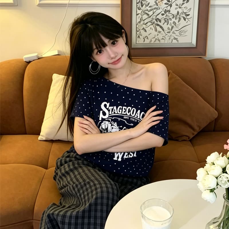 220 그램 40 순면 오스트리아 세대 서울 도트 무늬 비스듬한 어깨 반팔 티셔츠 여성 이미지 2