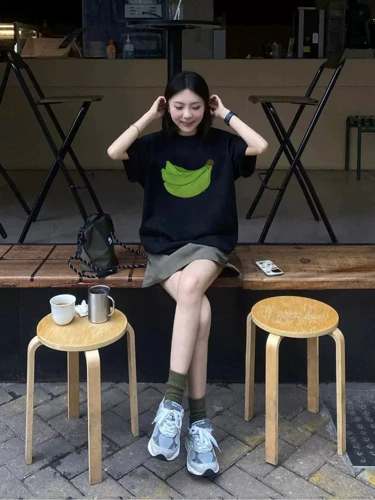경관 그림 21 순면 210 그램 면 여름 드레스 한 부서 반팔 티셔츠 여성 한국 스타일 루즈핏 빅 사이즈 프린트 이미지 3