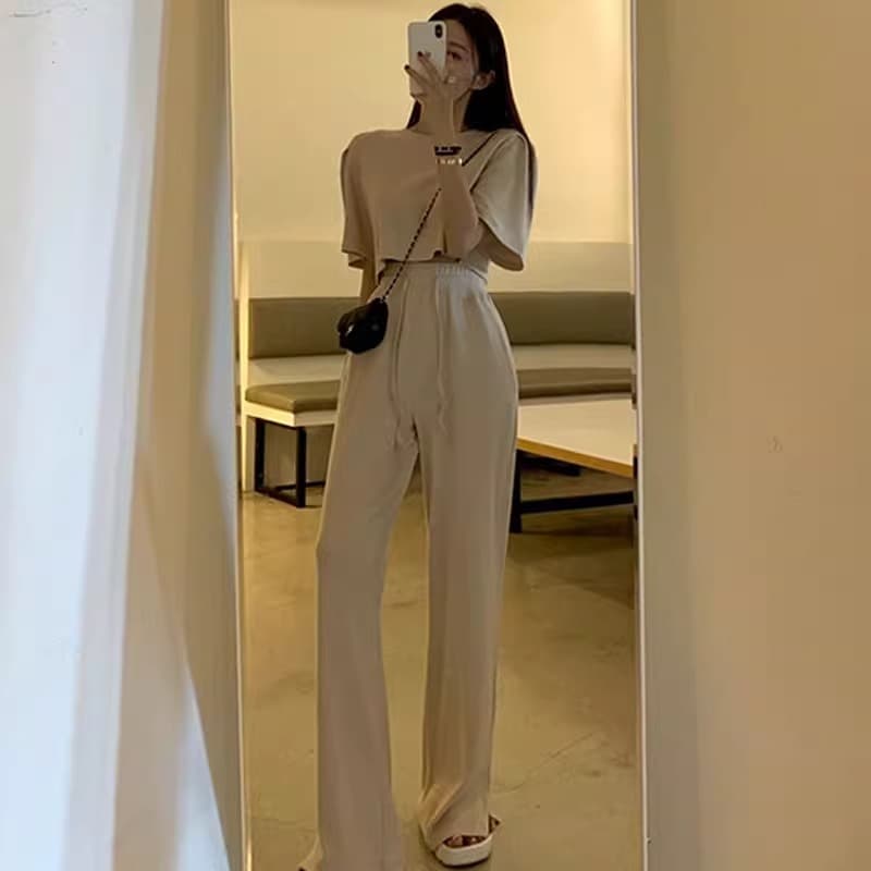 한국 chic 여름 미니멀리즘 라운드 넥 단색 풀오버 반팔 티셔츠 하이웨이스트 레이스업 트임 와이드 레그 팬츠 긴 바지 여성