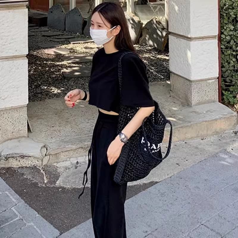 한국 chic 여름 미니멀리즘 라운드 넥 단색 풀오버 반팔 티셔츠 하이웨이스트 레이스업 트임 와이드 레그 팬츠 긴 바지 여성 이미지 4