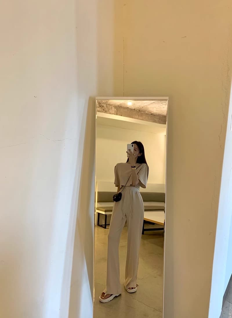 한국 chic 여름 미니멀리즘 라운드 넥 단색 풀오버 반팔 티셔츠 하이웨이스트 레이스업 트임 와이드 레그 팬츠 긴 바지 여성 상세 이미지 23